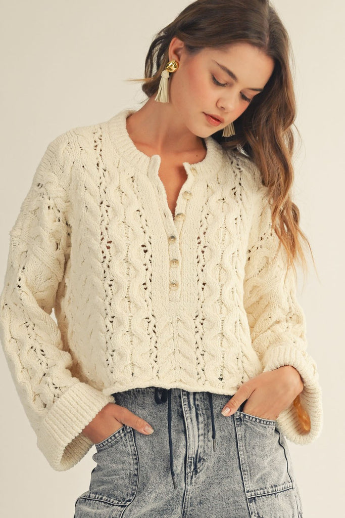 Soft Twisted Ribbed Half Buttons Down Sweater