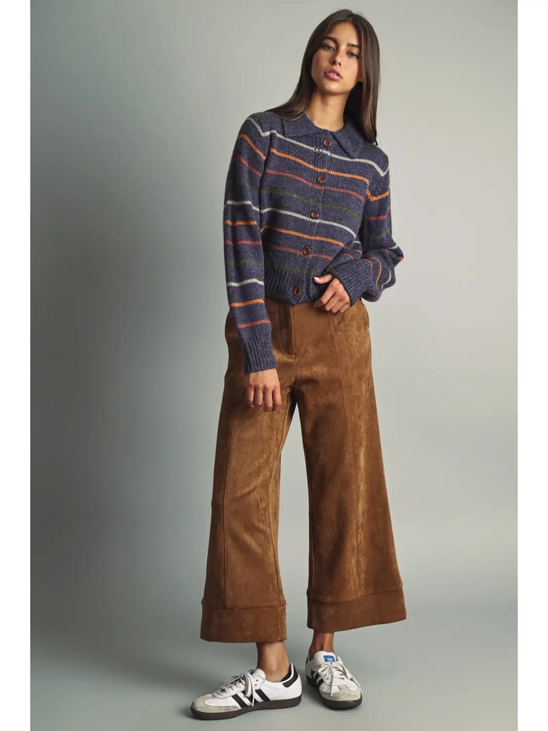 Striped Knit Cardigan with Cord-Textured Collar