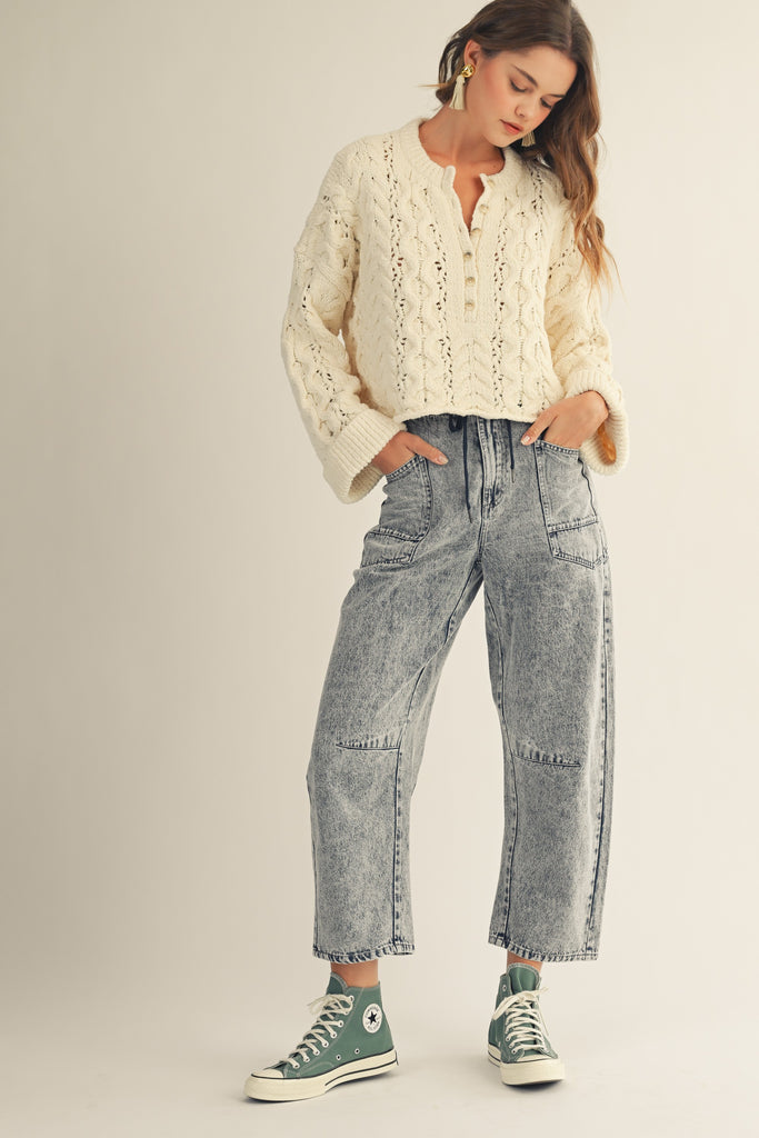 Soft Twisted Ribbed Half Buttons Down Sweater