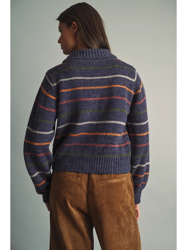 Striped Knit Cardigan with Cord-Textured Collar