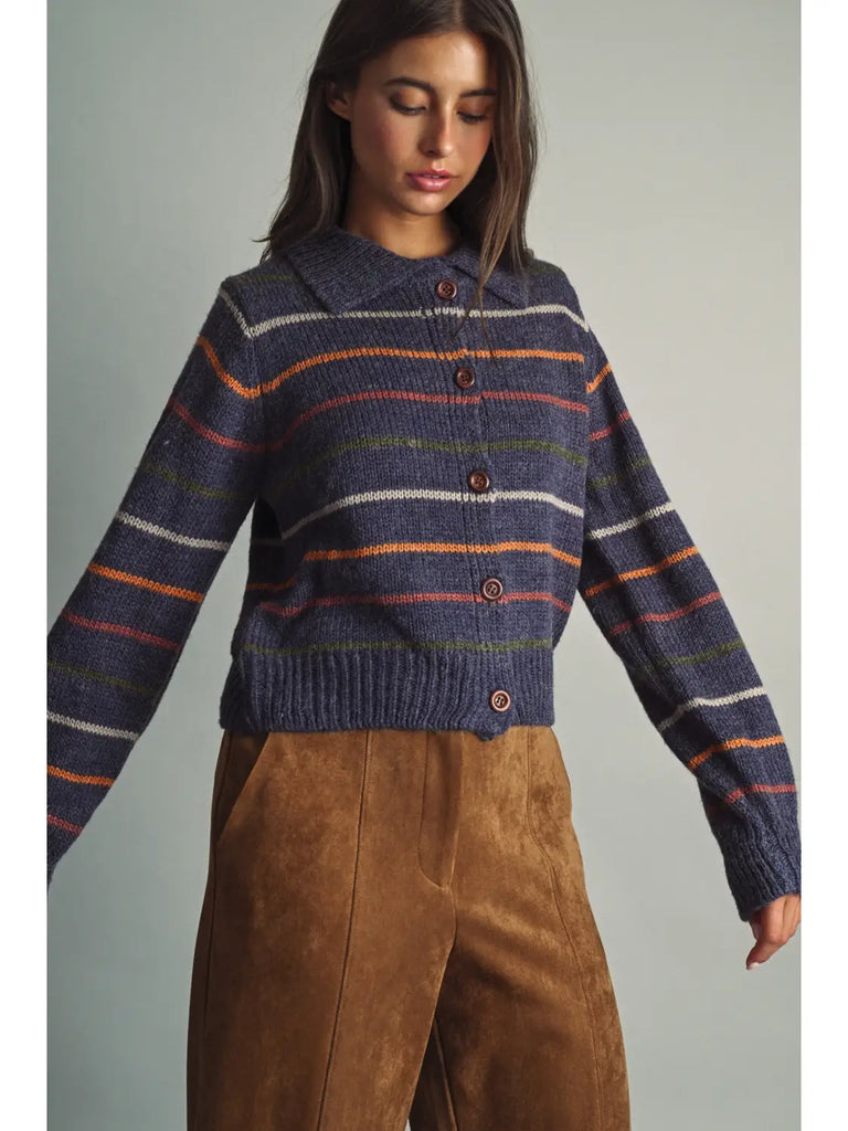 Striped Knit Cardigan with Cord-Textured Collar