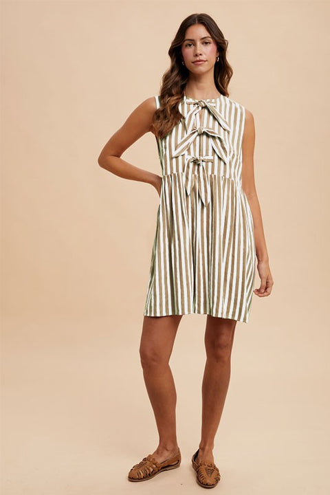 Vertical Striped Front Bow Detail Minidress