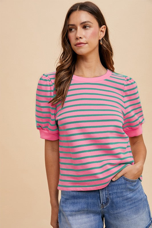 Stripe Puff Sleeve French Terry Knit Top