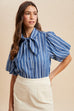 Stripe Denim Balloon Sleeve Blouse With Bow Detail
