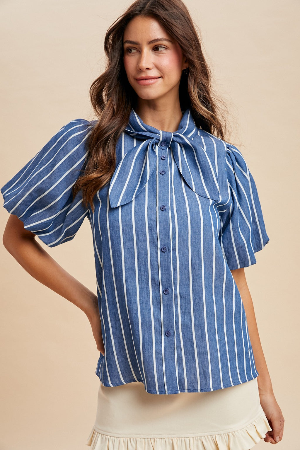 Stripe Denim Balloon Sleeve Blouse With Bow Detail