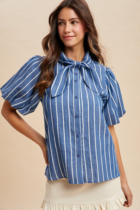 Stripe Denim Balloon Sleeve Blouse With Bow Detail