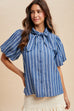 Stripe Denim Balloon Sleeve Blouse With Bow Detail
