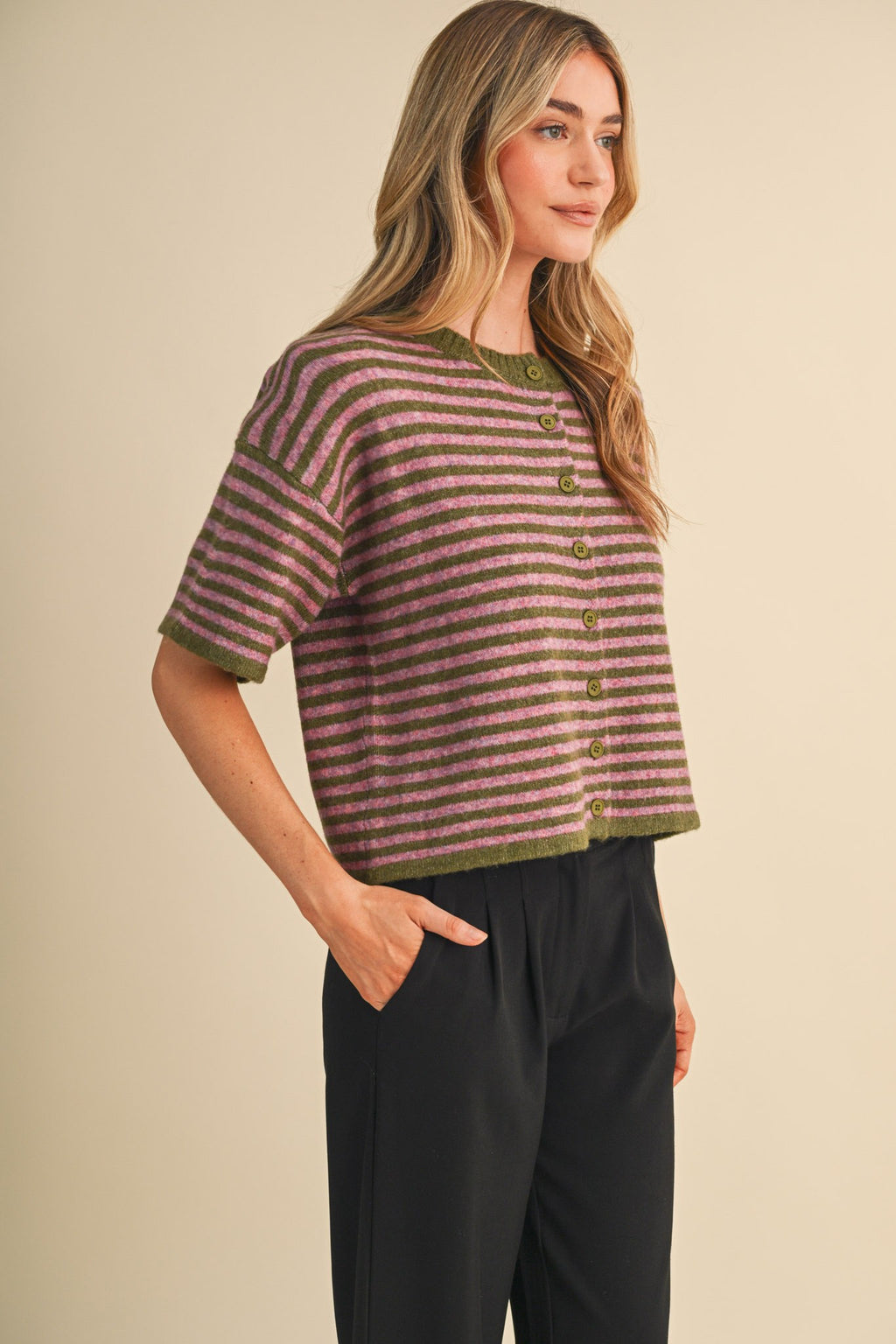 Striped short sleeve sweater cardigan