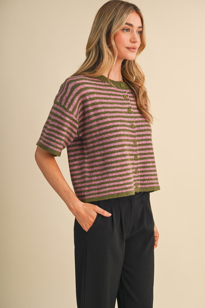 Striped short sleeve sweater cardigan