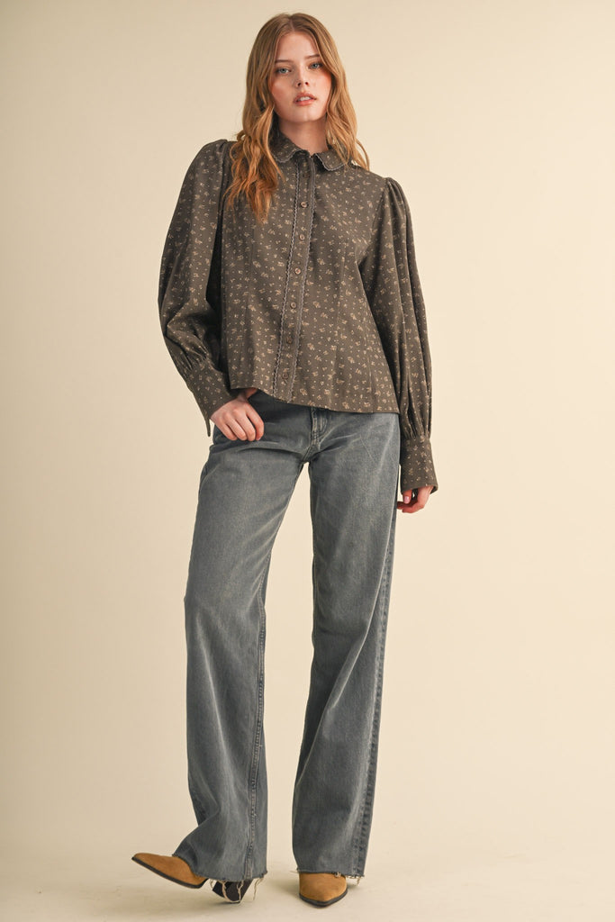 Floral Button Up Top With Lace Trim