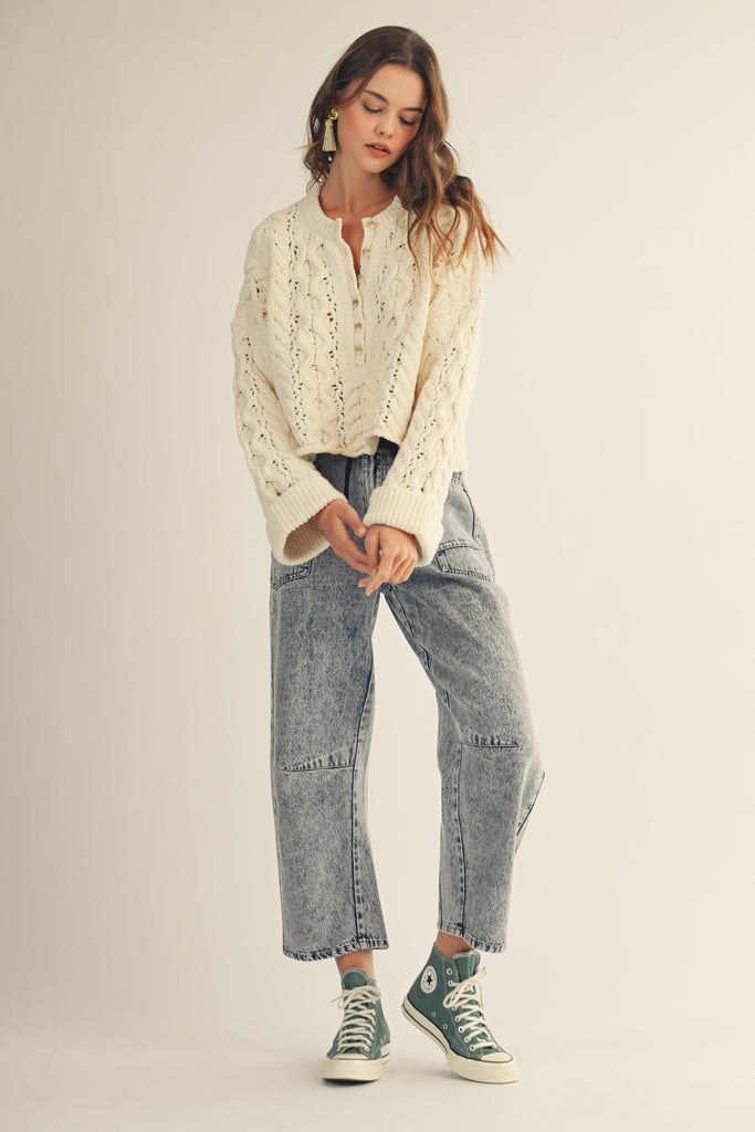 Soft Twisted Ribbed Half Buttons Down Sweater