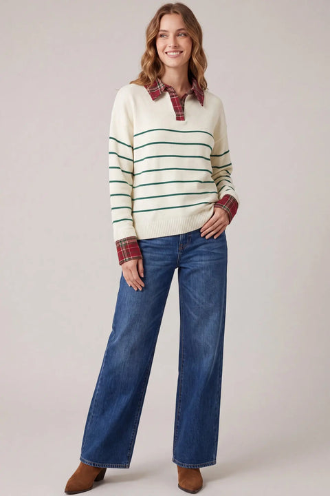 Plaid Collared Striped Sweater