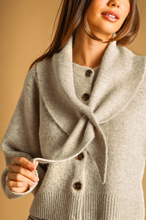 Button Front Sweater with Tied Collar